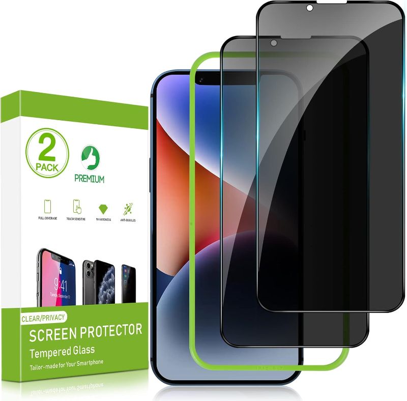 Photo 1 of  Privacy Screen Protector Compatible with iPhone 14-2 Pack Privacy Tempered Glass Screen Protector, Full Coverage, Bubble Free, Case Friendly, Installation Frame, [Anti-Spy]