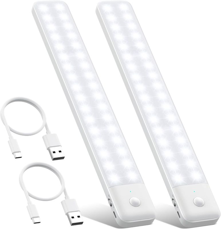 Photo 1 of 2 Pack] Under Cabinet Light 80LEDs,Motion Sensor Led Light Indoor,USB C Rechargeable Closet Under Counter Lighting,12.6inch Battery Powered Operated Night Light for Kitchen,Wardrobe,Cupboard