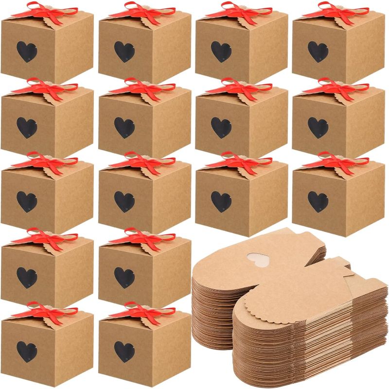 Photo 1 of  100 Pieces Valentine's Day Heart Gift Box with Window Kraft Paper Gift Packaging Square Boxes with Tags Valentine Boxes for Gift Valentine Cookie Boxes for Valentine's Party Favor Decoration