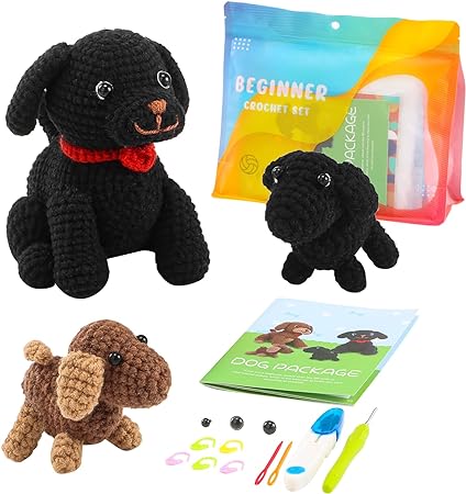 Photo 1 of Crochet Kit for Beginners, with Step-by-Step Video Tutorials, Crochet Animal Kit for Starters with Easy Yarn, Knitting Kit for Adults & Kids - 3 Pack Labrador Dog Family 