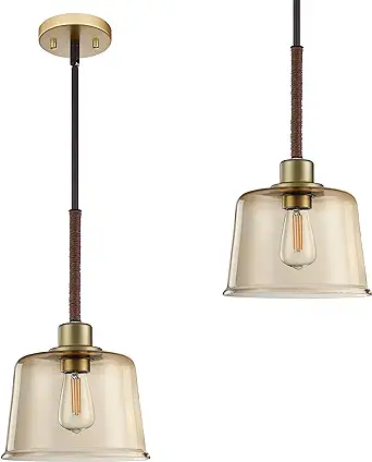 Photo 1 of 2 Pack 1 Light Indoor Hanging Kitchen Island Gold Pendant Lights 7.5" Ancient Blue Glass Paper Rope Pendant Light Fixtures Oil Rubbed Bronze Finish Modern Farmhouse Dinning Over Sink