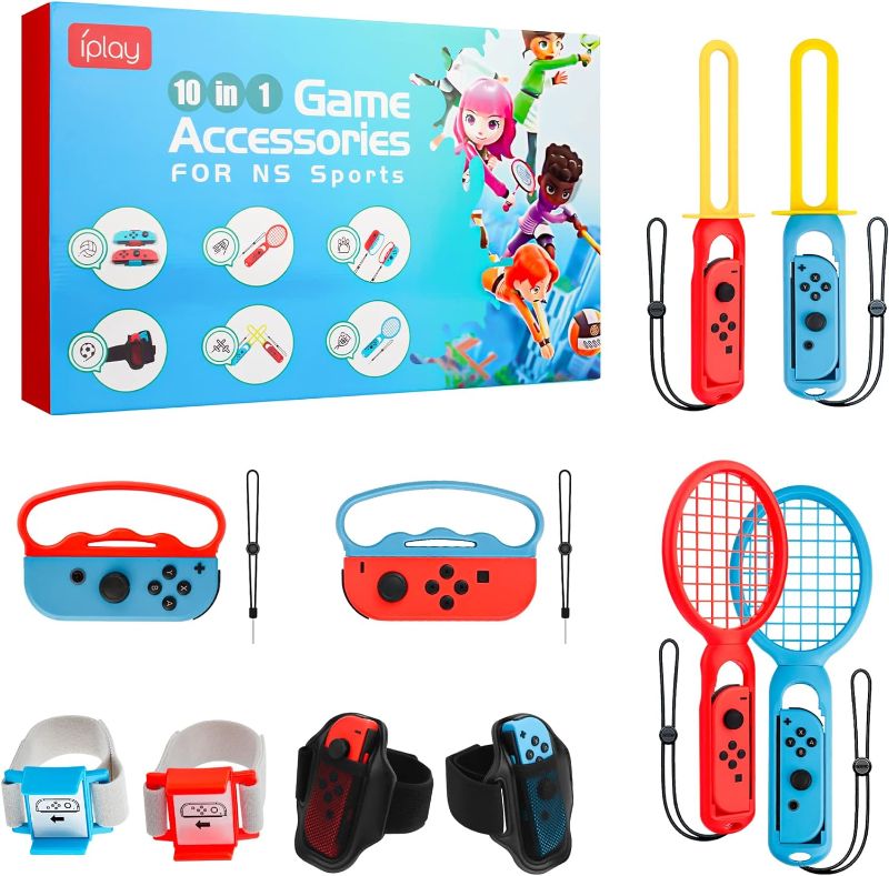 Photo 1 of 10 in 1 Switch Sports Game Accessories Kit, FUNDAIRY Accessories Bundle for Nintendo Switch and Switch OLED Joycon Controller with Leg Strap, Wrist Strap, Racket, Game Sword and Hand Grip