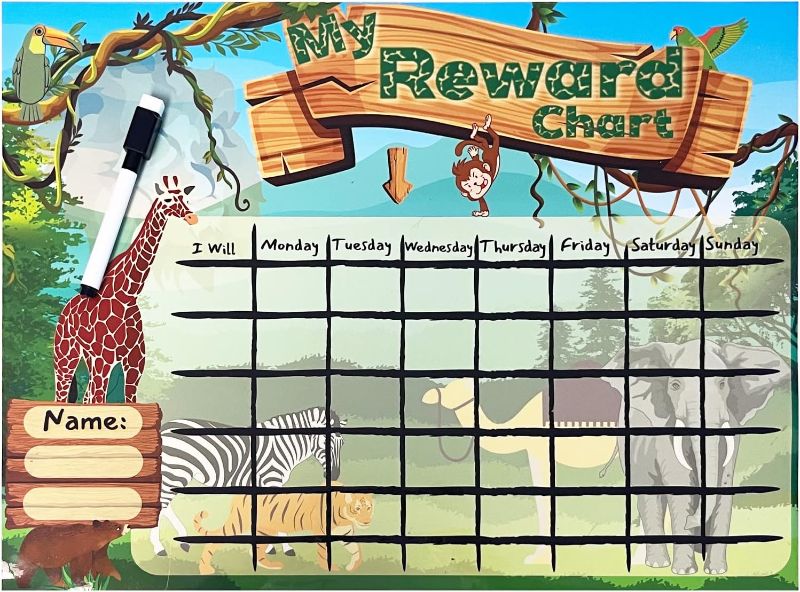 Photo 1 of Less Mess 4 Us Magnetic Dry Erase Chore Chart for Reward and Responsibility, Home or Classroom Behavior, Tasks, and to-Do Lists, Fun Animal Theme, Wipeable Marker and Magnet Stickers