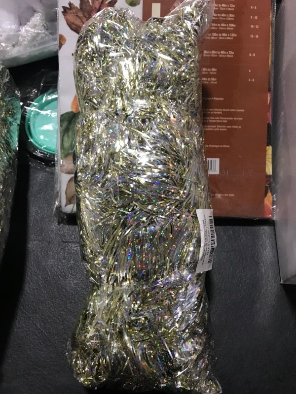 Photo 2 of 32ft Christmas Tinsel Garland, Christmas Tree Hanging Tinsel Decorations Colorful Reflections Shiny Sparkly Classic Holiday Ornaments Ceiling 32.8ft-3.5in Gold