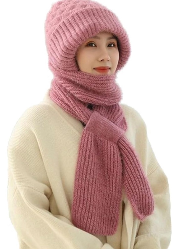 Photo 1 of 2024 New Integrated Ear Protection Windproof Cap Scarf, Winter Warm Knitting Thick Warm Ear Guard Hat Scarf for Women(Pink)