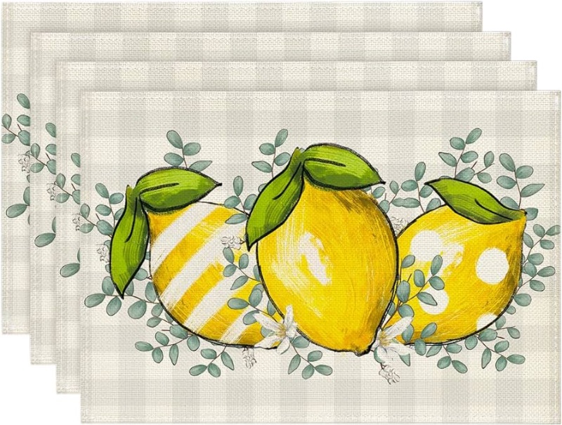 Photo 1 of  Artoid Mode Eucalyptus Lemon Buffalo Plaid Summer Placemats Set of 4, 12x18 Inch Seasonal Summer Table Mats for Party Kitchen Dining Decoration