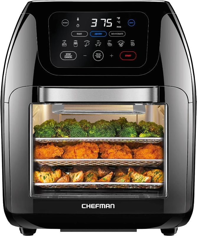 Photo 1 of CHEFMAN Multifunctional Digital Air Fryer+ Rotisserie, Dehydrator, Convection Oven, 17 Touch Screen Presets Fry, Roast, Dehydrate, Bake, XL 10L Family Size, Auto Shutoff, Large Easy-View Window, Black
