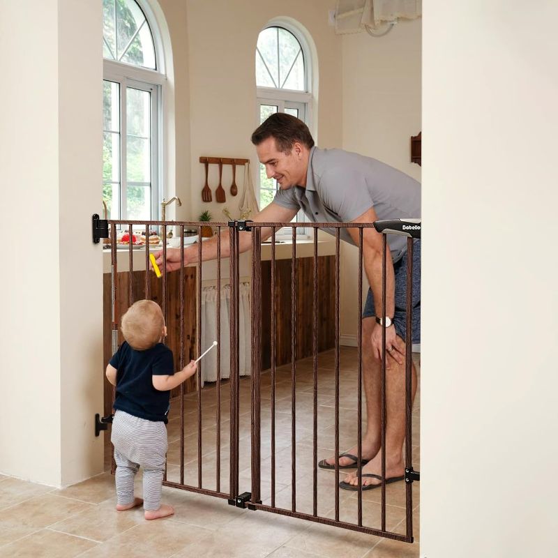 Photo 1 of Babelio 34" Extra Tall Baby/Dog Gate with No Threshold Design Walk Thru Door, 26-43" Auto Close Safety Gate for Babies, Elders and Pets, Fits Doorways, Stairs, and Entryways, Black Wood Pattern Boundless - Black/Brown Wood Pattern 26-43" Wide, 34" Tall