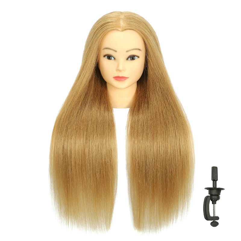 Photo 1 of  FUGUIRENHAIR 30" 80% Human Hair Mannequin Head Styling Training Manikin Cosmetology Doll Head with Stand Blonde