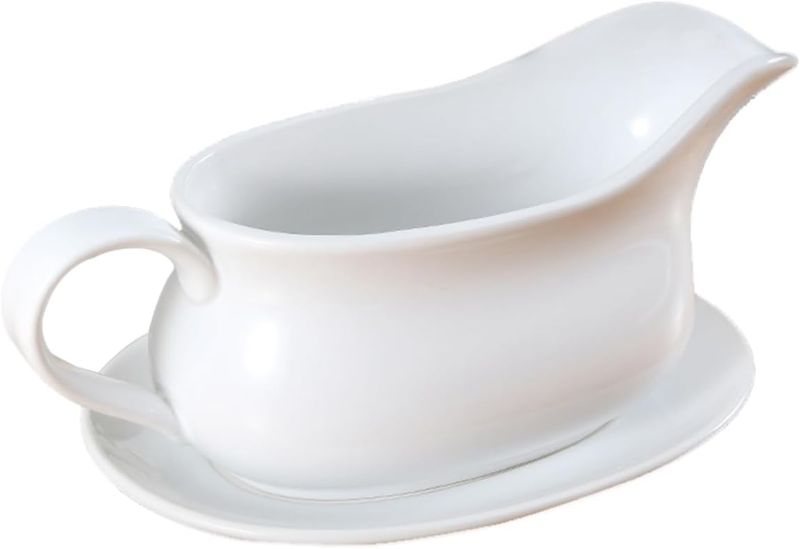 Photo 1 of  Large Gravy Boat, 15 OZ Ceramic Sauce Boat with Tray &Ergonomic Handle, Fine Porcelain Gravy Bowl With Big Dripless Lip Spout For Gravy, Warming Sauces, Salad Dressings, MilK (White)

