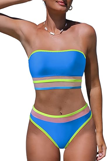 Photo 1 of Hilinker Women's Leopard Print Strapless Swimsuits Color Block High Waisted Bikini Set - XL
