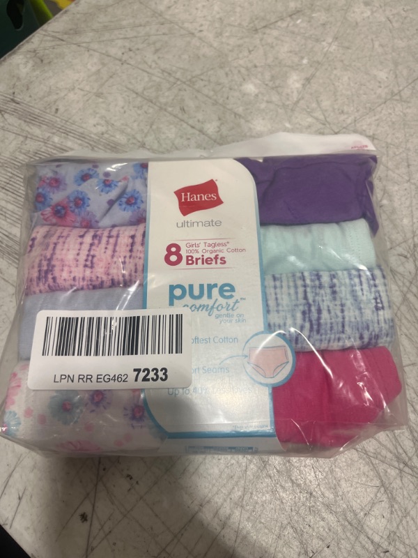 Photo 2 of Hanes Ultimate Girls' Underwear, Pure Comfort Organic 100% Cotton Panties, Briefs & Hipsters, 8-Pack 10 Brief - Pink Blue Solids & Patterns SIZE 10 