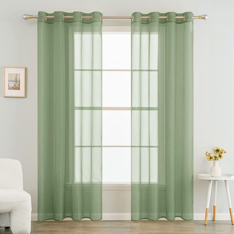 Photo 1 of 2 Panels Solid Color Sheer Curtains 108 Inch Length Set Elegant Grommet Light Filtering Window Voile Panels/Drapes/Treatment for Bedroom Living Room W54 x L108 Inch, Sage Green