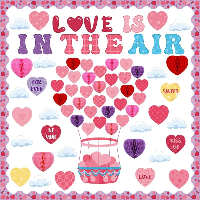 Photo 1 of  106 Pcs Valentine's Day Bulletin Board Decorations Love Heart Cutouts Classroom Bulletin Border Set Valentine's Day Heart Honeycomb Clouds Cutouts Chalkboard Wall Decor (Hot Air Balloon)