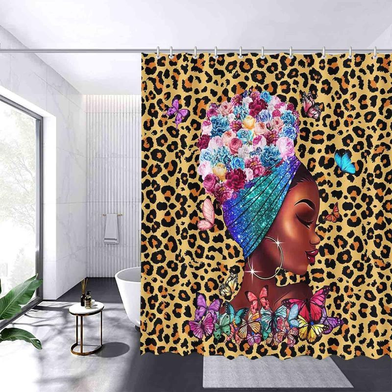 Photo 1 of  Shower Curtain African Woman Leopard Print Shower Curtain for Bathroom Colorful Butterfly Home Bathtubs Bathroom Decor Minimalist Art Decorative Fabric Bath Curtain 72x72 in