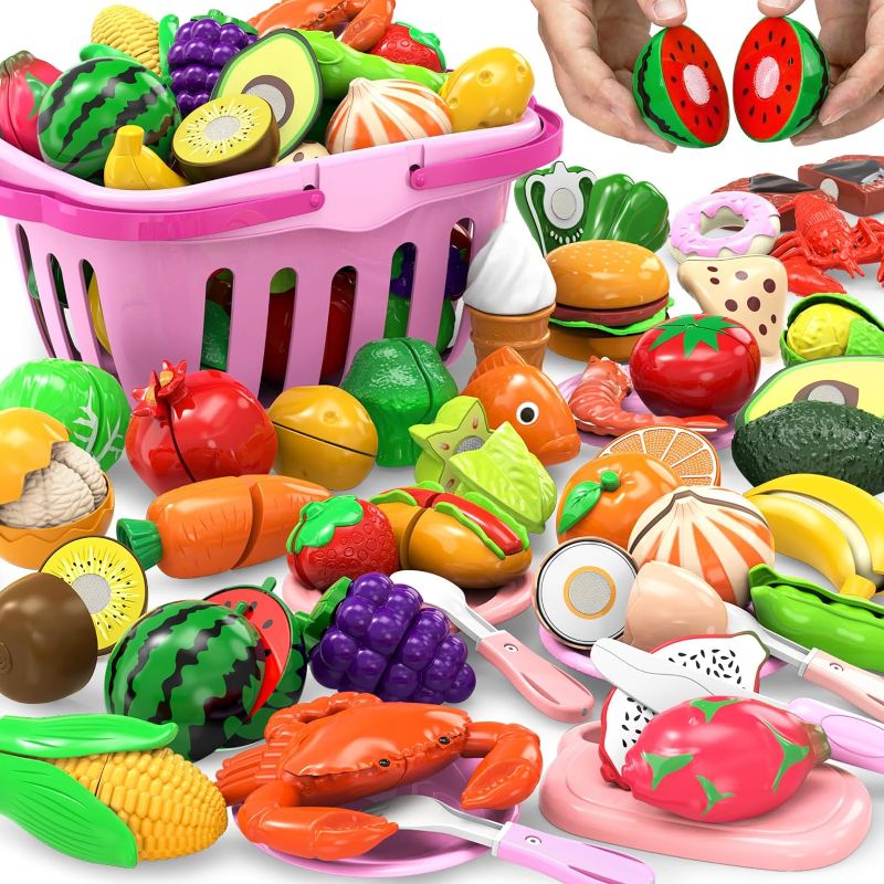 Photo 1 of 94 Pcs Cutting Play Food Set for Kid Kitchen (45 Items), Pretend Play Food with Shopping Basket, Fake Food Accessories with Fruit Vegetable Toy for Toddler, Educational Gift for Little Girl Birthday