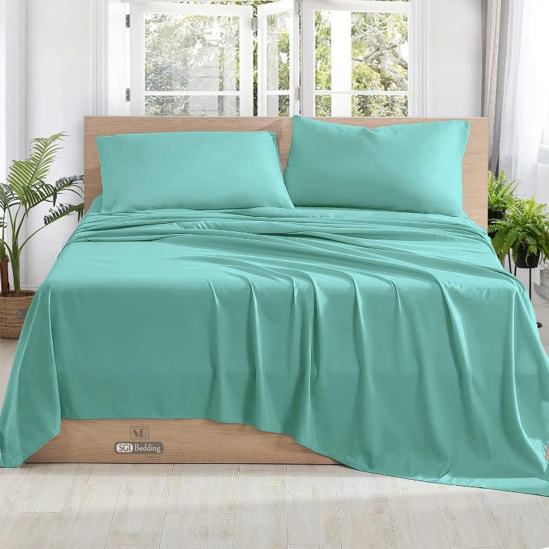 Photo 1 of 100% Egyptian Cotton Twin Sheets - 800 Thread Count Luxury Hotel Sheets - 15 Inch Deep Pocket Bed Sheet for Twin Size Bed - Twin Sheet Set Aqua Green Solid