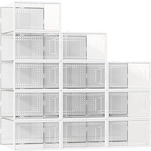 Photo 1 of 12 Pack Large Shoe Organizer Storage Boxes for Closet, Modular Space Saving Shoe Boxes Clear Plastic Stackable Sneaker Containers Display Case with Lids, White