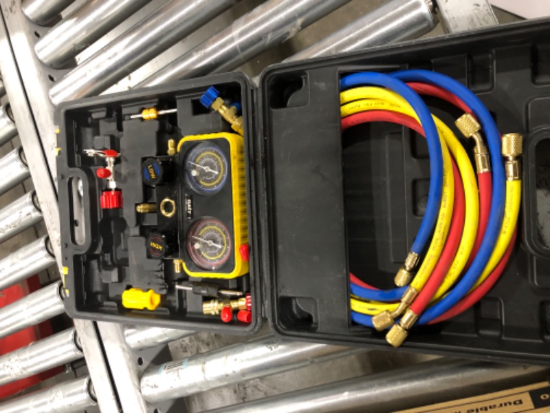 Photo 1 of OMT R410a Gauges, AC Manifold Gauge Set for R410a Refrigerant, 3 Way AC Gauges R410a Manifold Set with R410a R22 Safety Valves, 3 Hoses, R410a Adapters, Universal Can Tap, AC Recharge Kit