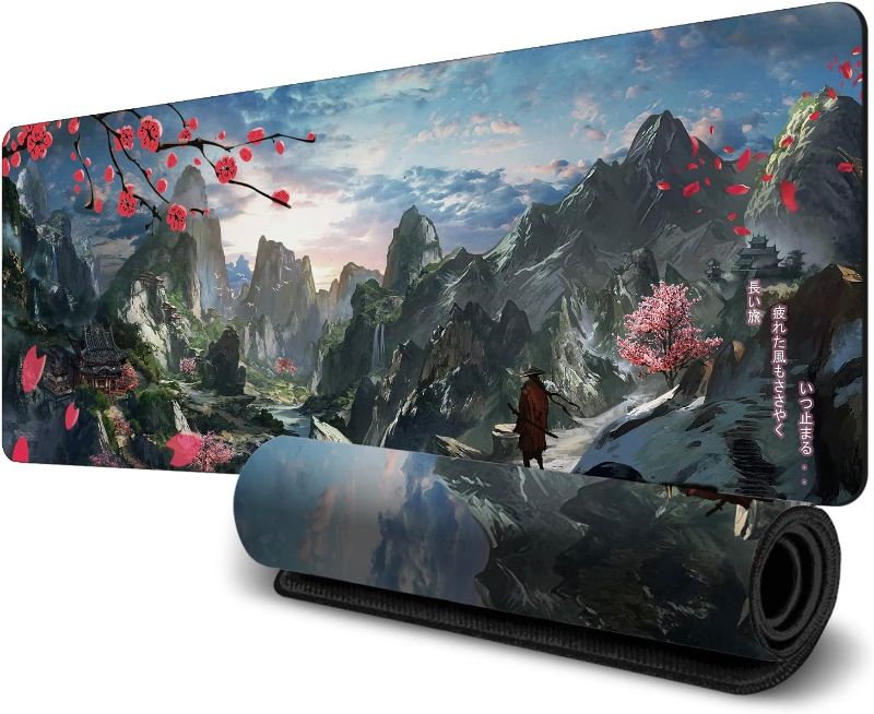 Photo 1 of Large Japanese Mouse Pad (31.5x11.8inch), HD Printing Style Desk Mat, Mouse and Keyboard Pad Extended, Water Proof Fabric Surface Mouse Pads for Desk, Anti-Slip Rubber Base (Hills Mountain Sakura)