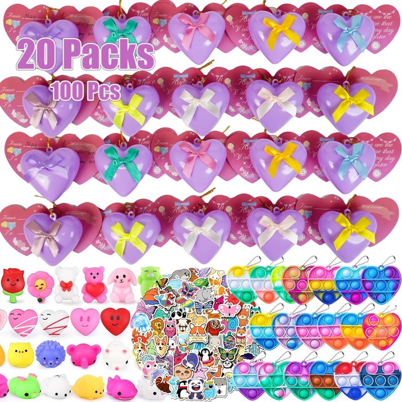 Photo 1 of 20 Packs Premium Valentine Day Gift Cards with Party Favors & Hearts Cases for Kids Valentine Classroom Exchange,Cute Mochi Squishy Toys,Mini Pop Its School Gifts Exchange, Stress Relief Games Prizes