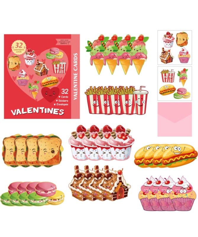 Photo 1 of 96Pcs Valentines Day Cards Set for Kids Classroom Exchange Includes 32 Pink Envelopes and 32 Stickers, Cards Feature Snack-Themed Graphics of French Fries, Hot Dogs, Ice Cream, Macaroons