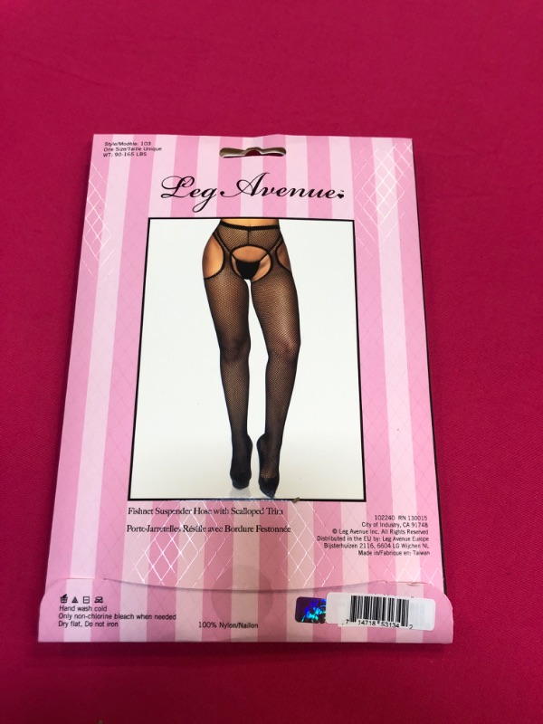 Photo 2 of Leg Avenue Womens Fishnet Suspender Hose with Scalloped Trim, O/S, Black