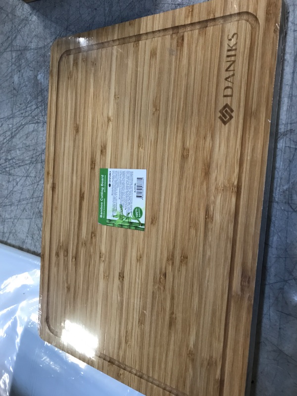 Photo 2 of  Bamboo Cutting Board  Largest Wooden Butcher Block for Turkey, Meat, Vegetables, BBQ, Over the Sink Chopping Board with Handle and Juice Groove, Thickness 16" X 10"
