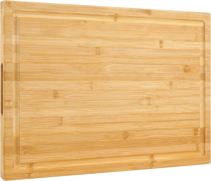 Photo 1 of  Bamboo Cutting Board  Largest Wooden Butcher Block for Turkey, Meat, Vegetables, BBQ, Over the Sink Chopping Board with Handle and Juice Groove, Thickness 16" X 10"
