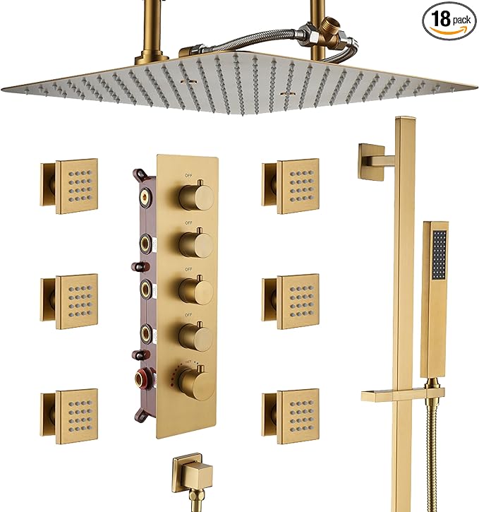 Photo 1 of MONDAWE 16 Inch Thermostatic Shower System in Brushed Gold, Ceiling Mounted Rain and Mist Shower Head with Handheld Spray and 6 Body Jets, High Pressure Bathroom Shower Set with Thermostatic Valve