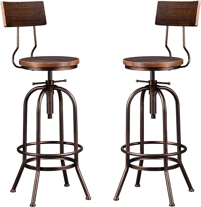 Photo 1 of LOKKHAN Industrial Bar Stool-26-32 Inch Adjustable Swivel Round Wood Metal Kitchen Stool Rustic Farmhouse Counter Height Extra Tall Bar Height Stool-Arc-Shaped Backrest,Welded,Set of 2