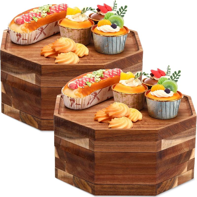 Photo 1 of 12 Pcs Octagon Acacia Wood Serving Trays Bulk Table Centerpiece for Wedding Bridal Baby Shower Graduation Party 8 and 10 Inch Appetizer Charcuterie Board Dessert Server Platter
