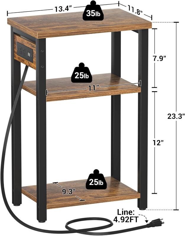 Photo 4 of Aheaplus End Table Set of 2 with Charging Station, 3 Tier Slim Side Table with USB Ports & Outlets, Narrow Bedside Nightstand with Storage Shelf, Sofa Side Table for Bedroom, Living Room, Grey Oak Grey Oak 3 Tier