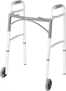 Photo 1 of Drive Medical 10210-1 2-Button Folding Walker with Wheels, Rolling Walker, Front Wheel Walker, Lightweight Walkers for Seniors and Adults Weighing Up To 350 Pounds, Adjustable Height, Silver
