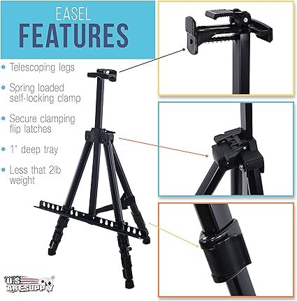 Photo 1 of 1 PCK Black Aluminum Tripod Artist Field and Display Easel Stand - Adjustable Height 20" to 5.5 Feet, Holds 32" Canvas - Floor and Tabletop Displaying, Painting