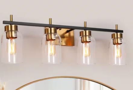 Photo 1 of 28 in. Modern 4-Light Brass Gold Bathroom Vanity Light, Black Bath Lighting with Cylinder Clear Glass Shades
