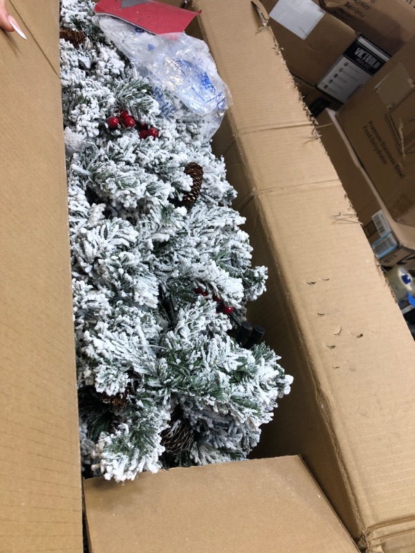 Photo 2 of 6 Ft Prelit Flocked Artificial Slim Christmas Tree, 500 Thick Realistic Snow Branch Tips, 174 Red Berries, 29 Pinecones, 240 LED Clear Lights, Fire-Resistant, UL Plug, Metal Stand, Hinged Flocked Tree Flocked-clear Lights 6 ft