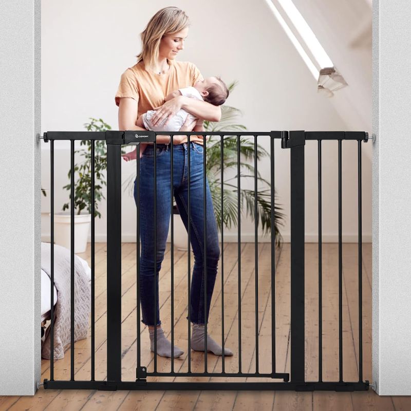 Photo 1 of COMOMY 36" Extra Tall Baby Gate for Stairs Doorways, Fits Openings 29.5" to 48.8" Wide, Auto Close Extra Wide Dog Gate for House, Pressure Mounted Easy Walk Through Pet Gate with Door, Black
