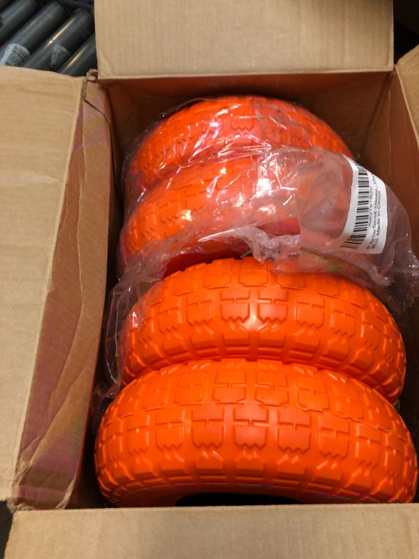 Photo 2 of 10" Flat Free Tires Solid Rubber Tyre Wheels?4.10/3.50-4 Air Less Tires Wheel with 5/8" Center Bearings?for Hand Truck/Trolley/Garden Utility Wagon Cart/Lawn Mower/Wheelbarrow/Generator?4 Pack, Orange 12.4 Pounds Orange