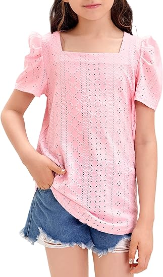 Photo 1 of Girls Summer Puff Sleeve Shirt Square Neck Loose Fit Casual Tunic Blouses Tops Size 6-15 Years