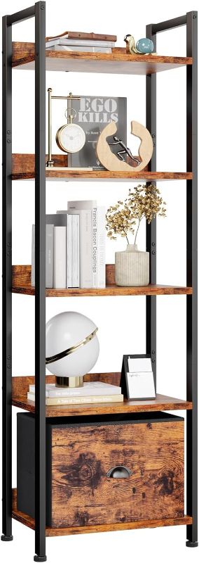 Photo 1 of  5 Tier Bookshelf with Drawer, Tall Narrow Bookcase with Shelves, Wood and Metal Book Shelf Storage Organizer, Industrial Display Standing Shelf Unit for Bedroom, Living Room COLOR: BLACK