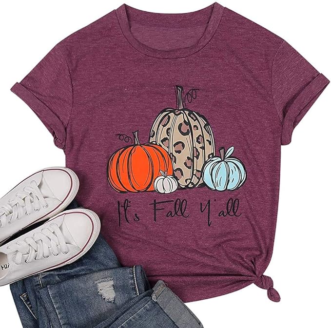 Photo 1 of Halloween It's Fall Y'all Letter T Shirt Women Cartoon Pumpkin Graphic Spice Tee Tops
