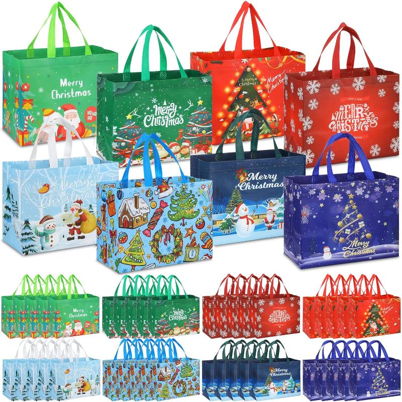 Photo 1 of 48 Pcs Christmas Gift Bags Christmas Tote Bags with Handle Large Christmas Multifunctional Non Woven Gift Bags Christmas Reusable Wrap Bags for Xmas Event Party 12.6 x 9.8 x 6.7 Inch (Vivid Pattern)
