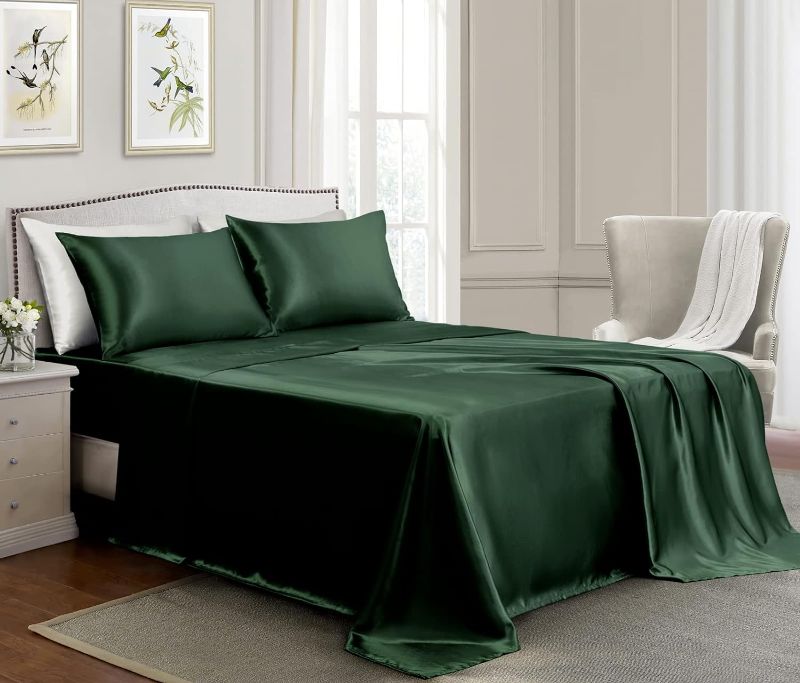 Photo 1 of GOLAL Satin Sheets California King Size - 4 Pieces Luxury Silky Soft Bed Sheets, Wrinkle-Free Dark Green Satin Silk Sheet Set with 1 Deep Pocket Fitted Sheet, 1 Flat Sheet, 2 Pillow Cases
unknown fitting for bedding 