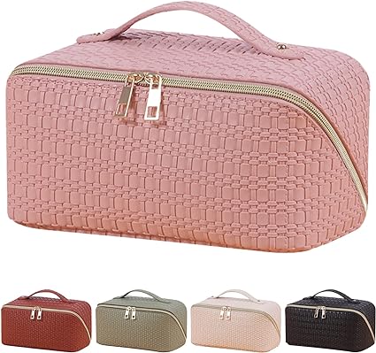 Photo 1 of KJMYYXGS Leather Makeup Bag Large Capacity Travel Cosmetic Bag for Women Toiletry Bag Portable Waterproof Woven Makeup Bag Travel Lay Flat Pink Makeup Bag Organizer with Handle and Divider(Pink)