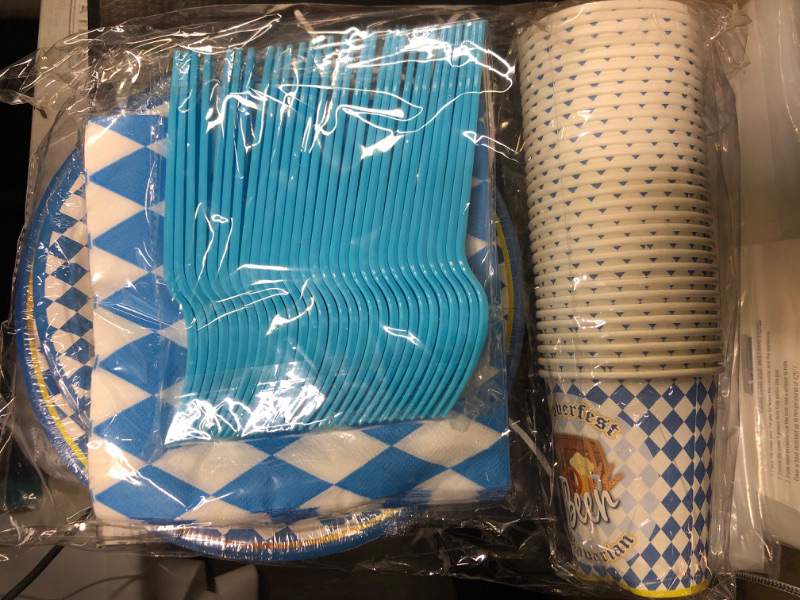 Photo 2 of 150pcs Oktoberfest Decorations Bavarian Plates Napkins German Harvest Party Supplies Paper Cups Tableware Set Blue Forks October Festival Disposable Dinnerware for 30 Guests