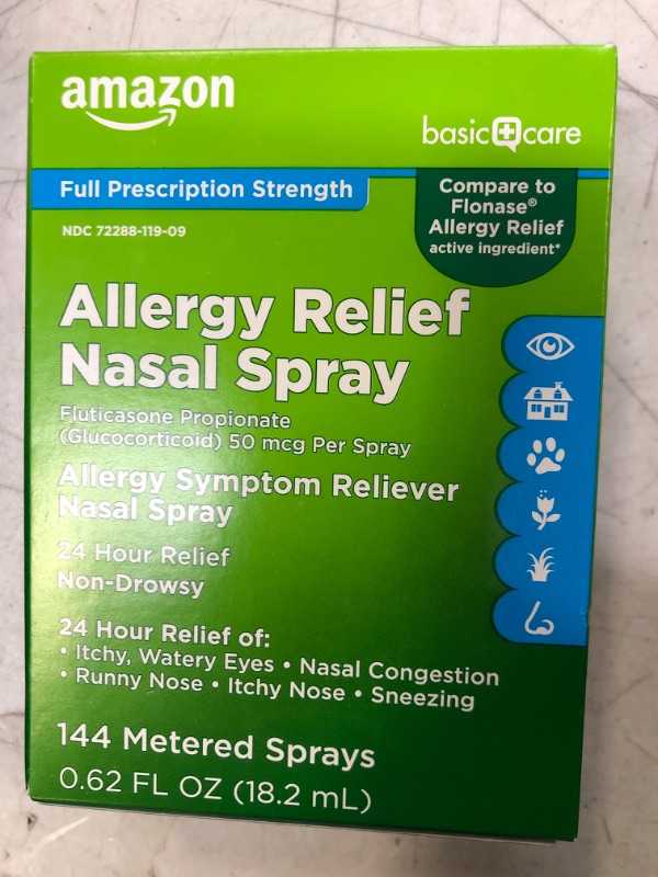 Photo 2 of Amazon Basic Care 24-Hour Allergy Relief Nasal Spray, Fluticasone Propionate (Glucocorticoid), 50 mcg, Full Prescription Strength, Non-Drowsy, 0.62 Fl Oz 0.62 Fl Oz (Pack of 1) ex. 03-2024