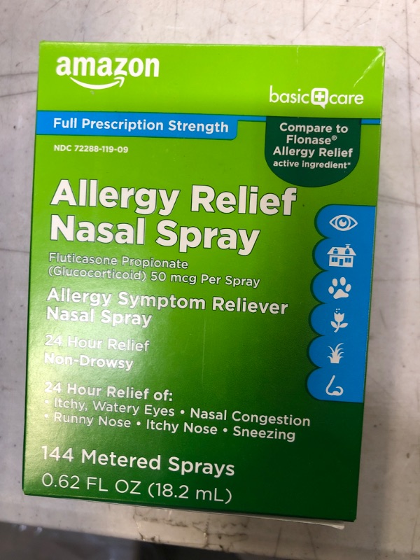 Photo 2 of Amazon Basic Care 24-Hour Allergy Relief Nasal Spray, Fluticasone Propionate (Glucocorticoid), 50 mcg, Full Prescription Strength, Non-Drowsy, 0.62 Fl Oz 0.62 Fl Oz (Pack of 1) ex. 03-24