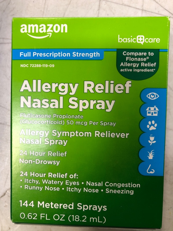 Photo 2 of Amazon Basic Care 24-Hour Allergy Relief Nasal Spray, Fluticasone Propionate (Glucocorticoid), 50 mcg, Full Prescription Strength, Non-Drowsy, 0.62 Fl Oz 0.62 Fl Oz (Pack of 1) EX 03-2024