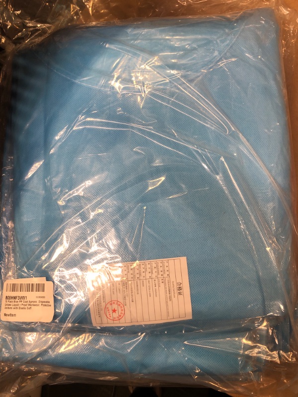 Photo 2 of 10 Pack Blue PP Coat Aprons. Disposable. Unisex Liquid-Proof Workwear. Protective Uniform with Elastic Cuff